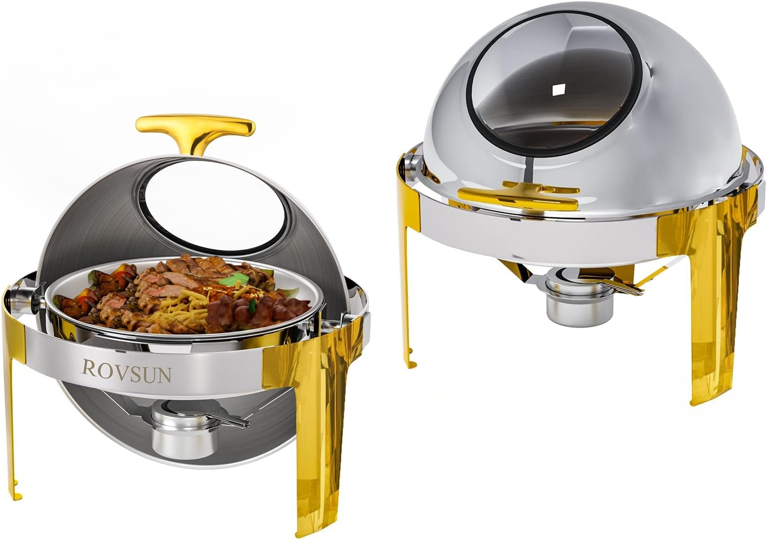 6 Quart 2 Packs Round Chafing Dish Buffet Set Gold Accent, Stainless Steel Roll Top Chafer for Catering, Food Warmer with Glass Window for Party Wedding Catering Banquet Graduation Event