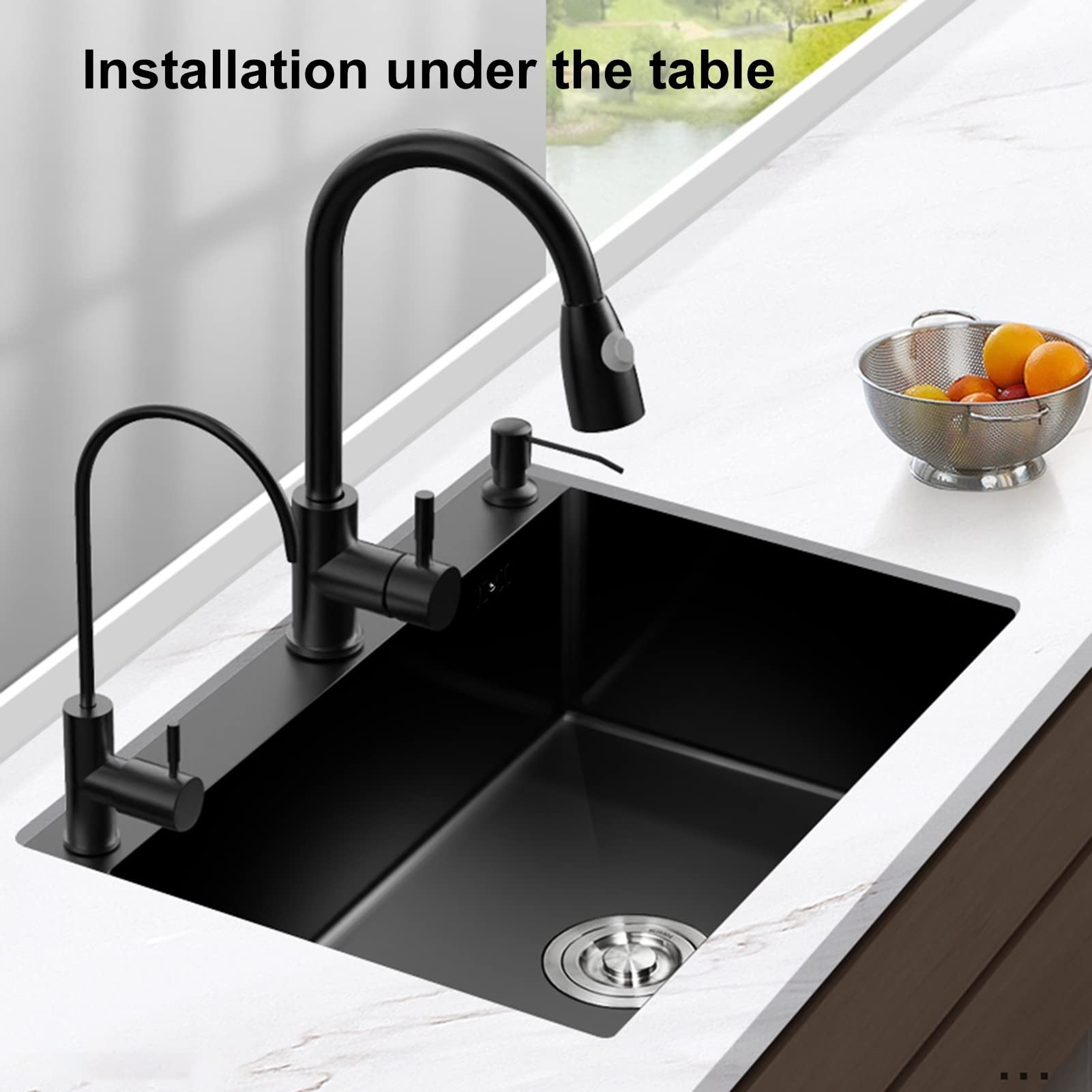 Lavello da Cucina Nero Grigio Lavello Quadrato Lavello in Acciaio Inox A 3 Fori Ispessimento con Rubinetto Estraibile E Accessori, Nero 72 * 45 Cm