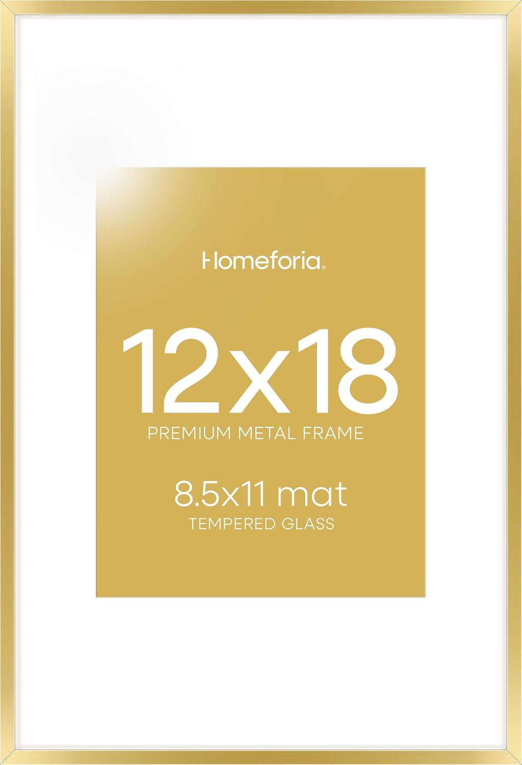 Homeforia 12x18 Picture Frame Gold, High End Metal 12x18 Poster Frames with Mat 8.5x11 Photo, 12 x 18 Gold Frame Matted to 8.5 by 11 Print, 18x12 Thin Hanging Frame, Tempered Glass, Wall Kit, Set of 1 Pack of 1 Gold 12x18