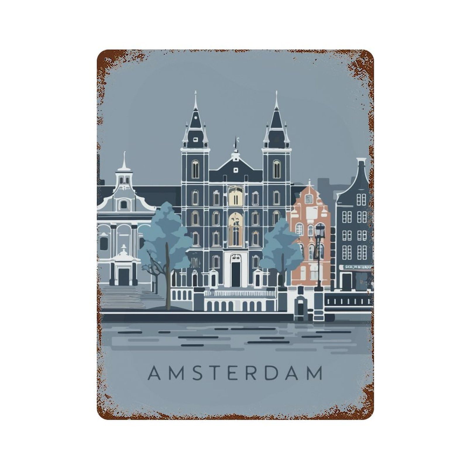 Amsterdam Cityscape Rust Effect Tin Sign 15.7"x11.8", Ideal for Farmhouse, Kitchen And Entryway Decor