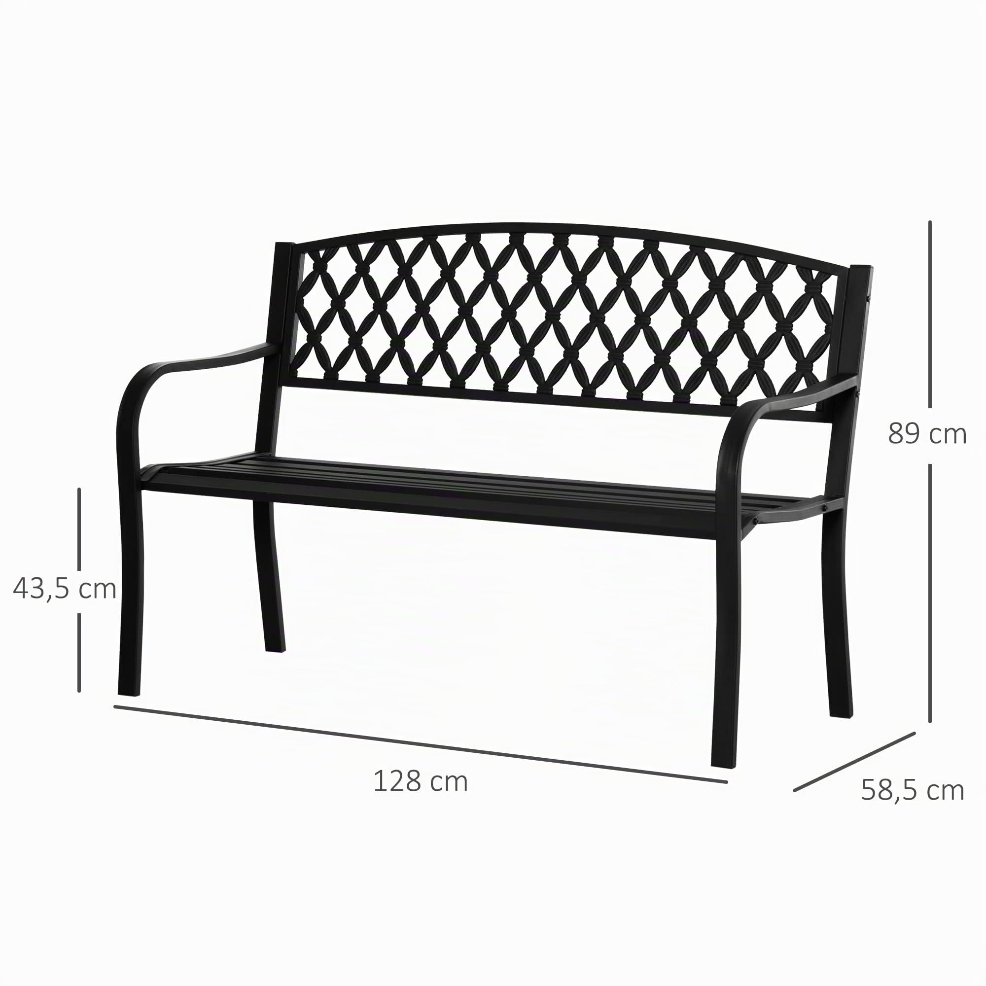 Outsunny Banco de Jardín de 2 Plazas con Respaldo 128x58,5x89 cm Negro | Decorativo y Reposabrazos, para Terraza Balcón Patio Exterior, Carga 240 kg, Hierro Fundido y Acero