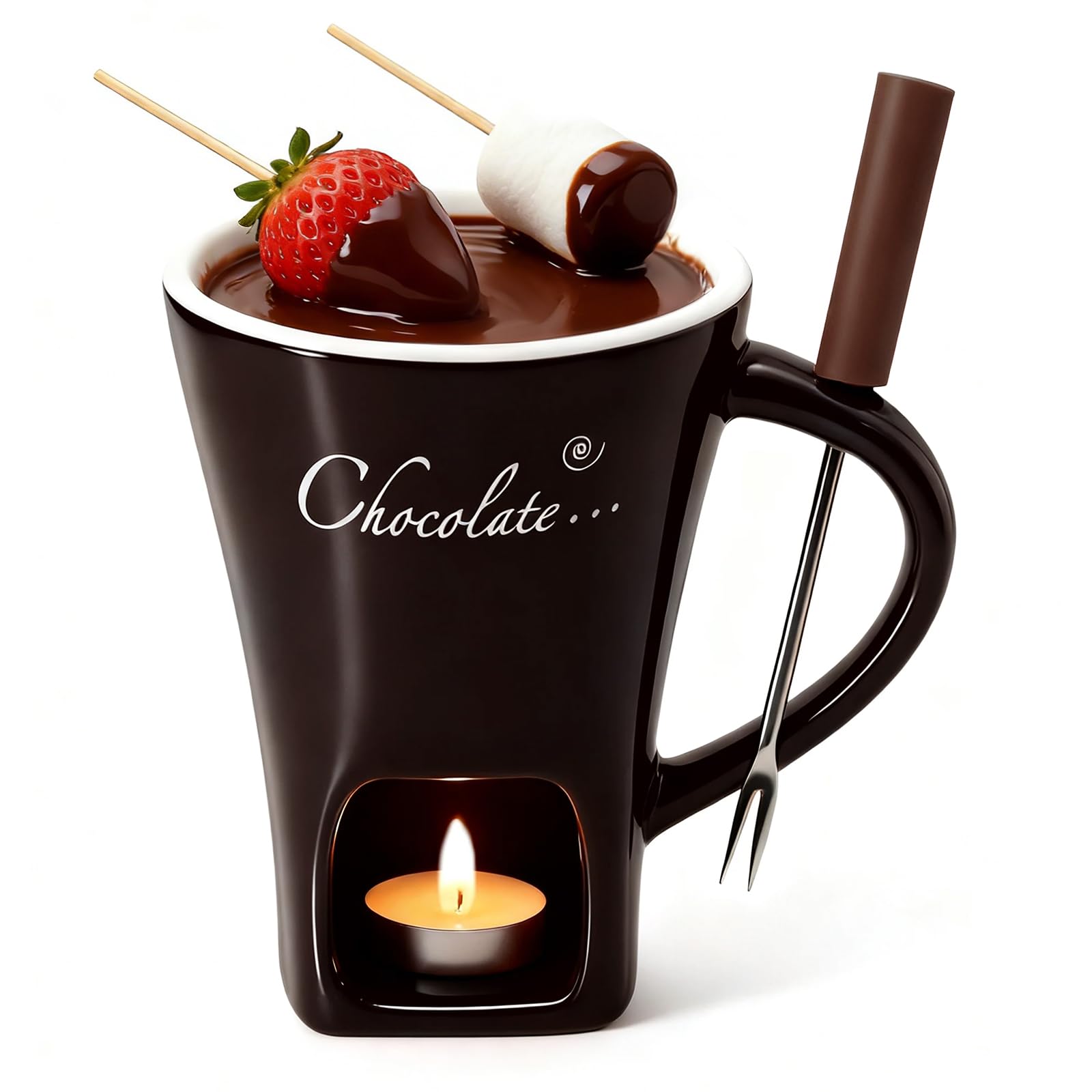 Chocolate Fondue Mug with Fork Set | Ceramic Chocolate Melting Cup | Personal Mini Cheese & Chocolate Melting Pot | Romantic Date Night Birthday Wedding Gift (White) — view 8