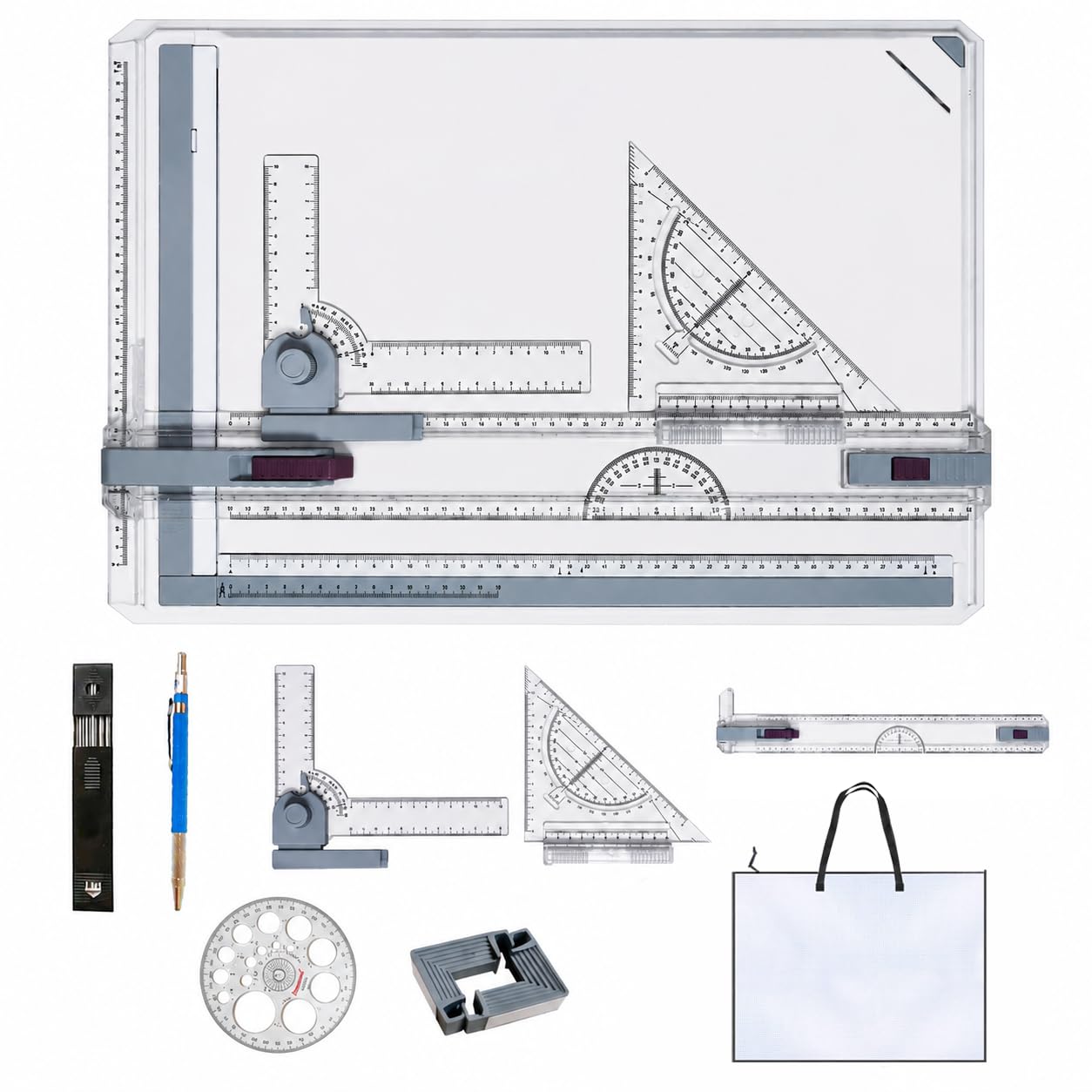 Multifunktions Zeichenplatte A3 Set, DIN A3 Zeichenplatte mit Zeichnungswerkzeuge Zirkel Zeichenstift und Stiftpackung Zeichenplatte Geo-Board für Office Arbeiten Ingenieure Designer Studenten Studium