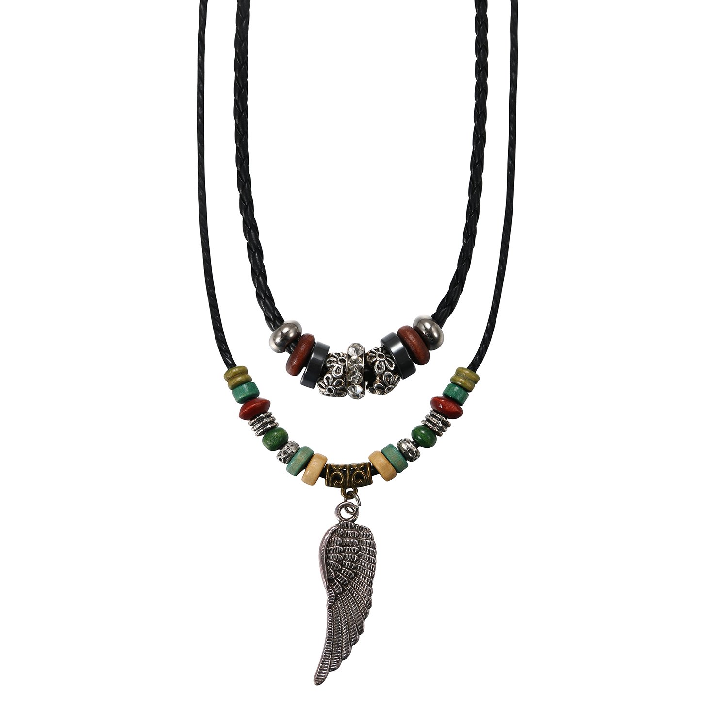 Flongo Collar de cuero trenzado para hombre y mujer con colgante de ala de ángel, longitud ajustable, doble collar largo de estilo étnico tribal Angel's Wing