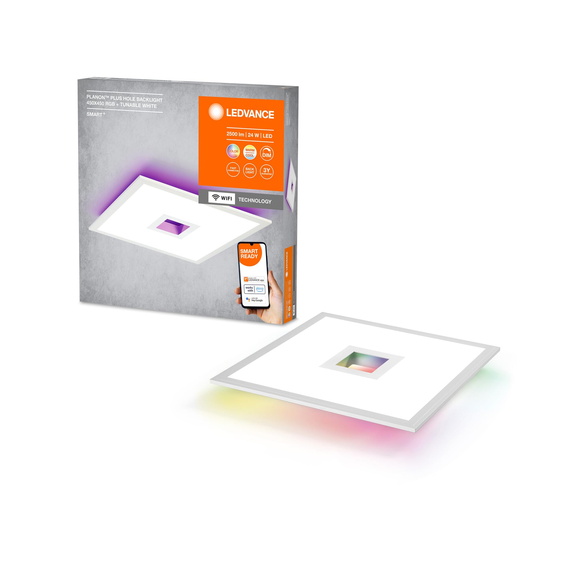 LEDVANCE SMART+ PLANON Hole pannello LED WiFi con foro, bianco, 24W, 2500lm, luce bianca regolabile 2700-6500K + retroilluminazione RGB, DIM, controllo da app, compatibile con Amazon, Google, ecc.