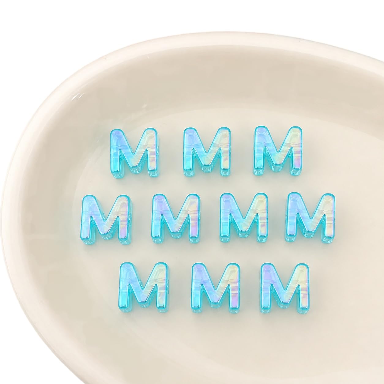 Letter Beads 10pcs, Large Acrylic Alphabet Beads with 6mm Hole, Iridescent Holographic UV Plated for Bracelet Making, Jewellery, Keyrings & Craft (Iridescent Sky Blue, Letter M)