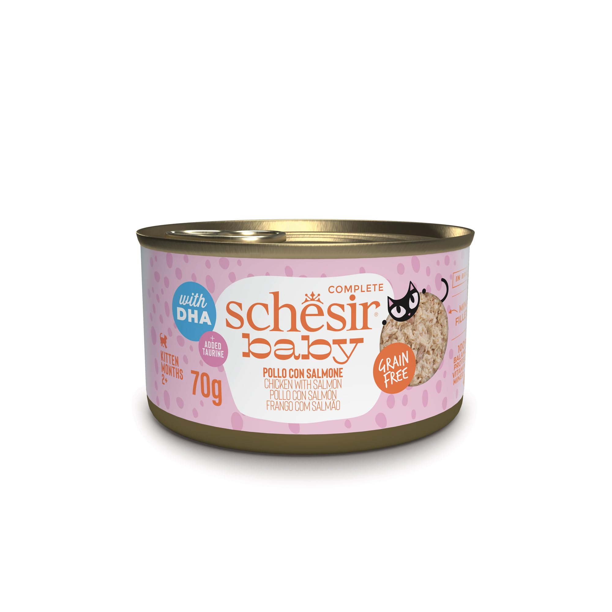 Schesir Baby, goût Poulet et Saumon, Nourriture Humide complète pour Chatons avec DHA et Taurine (12 boîtes de 70 g)