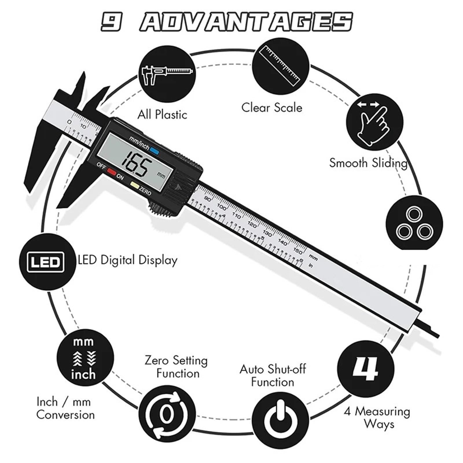 Calibrador digital, Calibrador digital electrónico Vernier de 150 mm, 4 unidades, micrómetro, regla.,Alta precisión