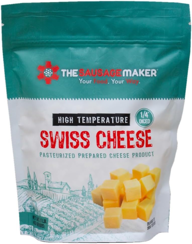 The Sausage Maker® High Temp Swiss Cheese 1 Lb Hi-Temp Cheese For Sausage Making, 1/4" Diced Cube, 400° Temperature High Heat Cheese For Grilling, Salami, Snack Sticks, Summer Sausage
