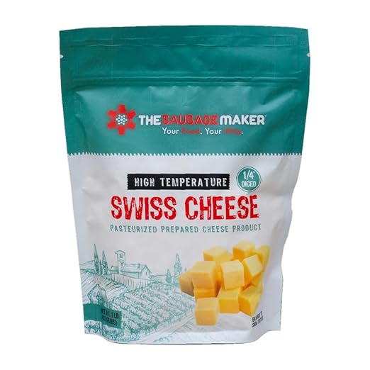 The Sausage Maker® High Temp Swiss Cheese 1 Lb Hi-Temp Cheese For Sausage Making, 1/4" Diced Cube, 400° Temperature High Heat Cheese For Grilling, Salami, Snack Sticks, Summer Sausage