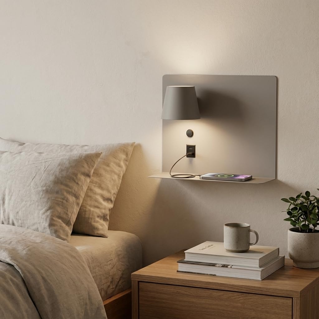 BARCELONA LED Wandleuchte BASKOP 6W Grau Links | Leselicht auf der linken Seite | USB + USB-C | Bettkopfteil Lampe mit Ablage | LED 2700K Warmweiß | 350° Drehbarer Spot für Schlafzimmer Modern