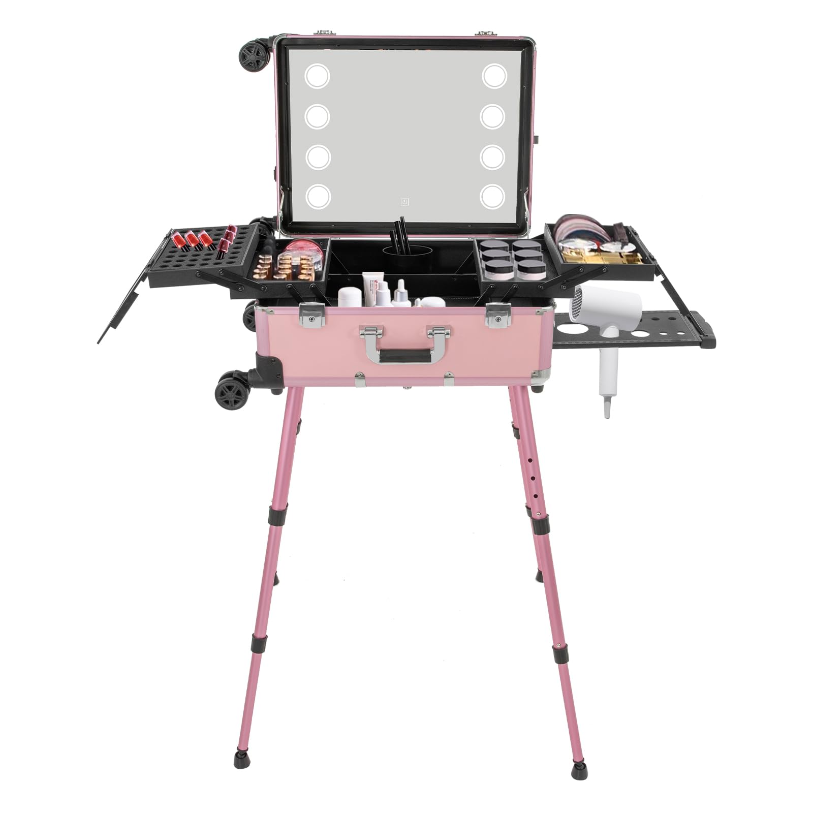 PurraQue Rolling Makeup Case, Aluminum Trolley Makeup Train Case with LED Lights, Adjustable Legs Lockable Professional Cosmetic Organizer, Rolling Lighted Makeup Vanity Station for Travel (Pink)