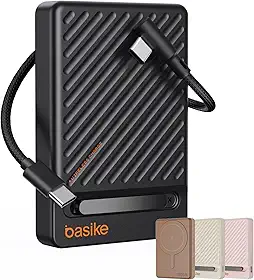 Basike, Power Bank Indução10000 mAh, Carregador Portatil Indução, Carregamento Rápido Máximo de 22,5W, Cabo USB-C Removível e Suporte Ajustável, para iPhone Série 16/15/14/13/12, AirPods (Preto)