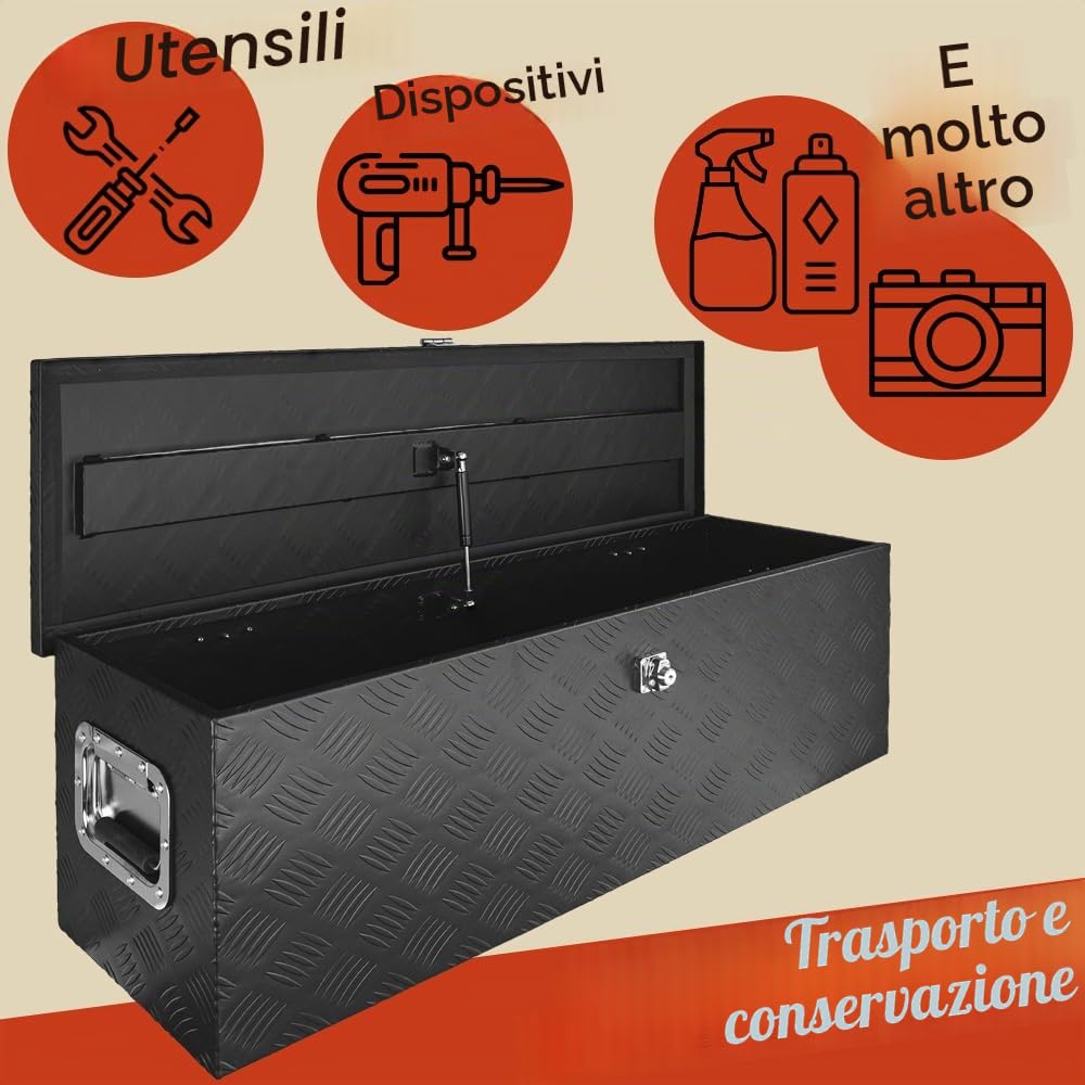 Trucky Scatola per Strumento Nero Cassetta degli attrezzi Cassone per camion Scatola di Alluminio Cassone per rimorchio con coperchio Chiudibile a chiave D100