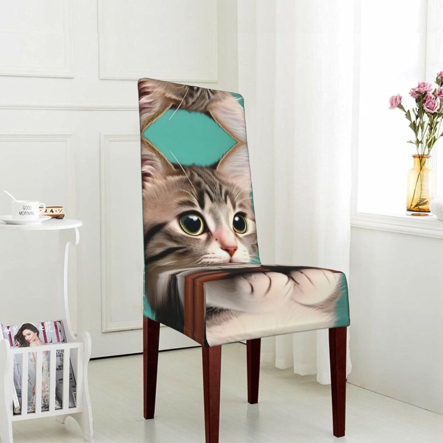 A Curious cat Prints Protection Cover for Dining Chair - Stretchable Chair Throw Covers for Dining Room, Hotel Event Party