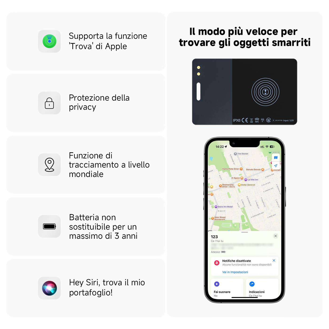 Wallet Card Tracker 1.6mm, tag di localizzazione smart ricaricabile wireless con biglietto da visita digitale NFC con Apple Dov'è (solo iOS), Localizzatore per Valigie, Portafoglio, Bagagli, Telefono