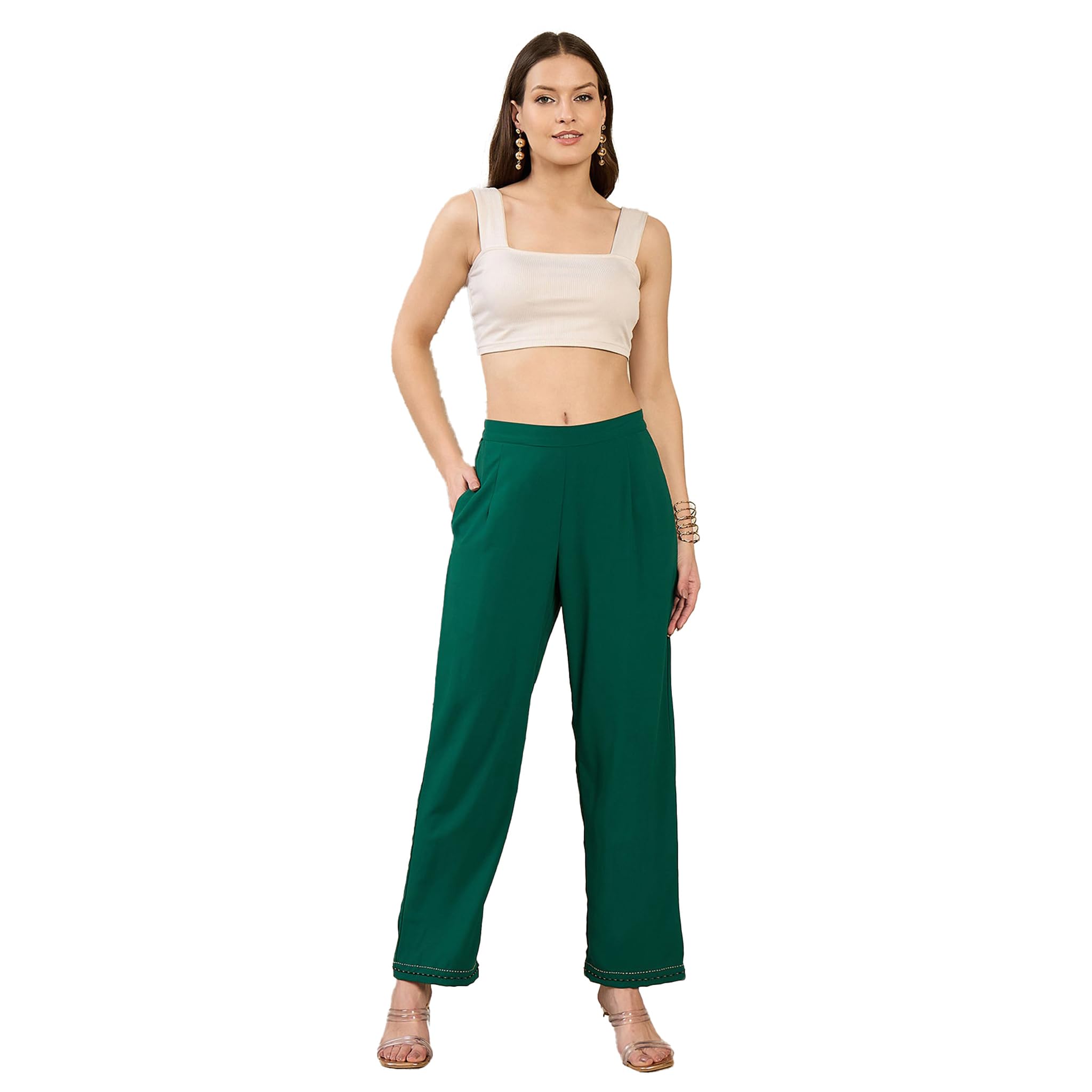 Green Straight Pants in Polyester Crepe for Women by Ramola Bachchan-image-11