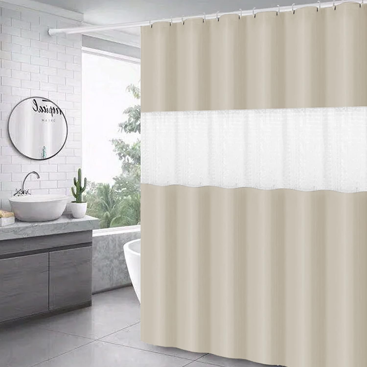 GREATOYAR Cortina Ducha Impermeable, Cortina Baño, Cortina Bañera Lavable, Shower Curtian, Antimoho, 12 Anillos Incluidos, 100% Peva, Beige, 200X180cm