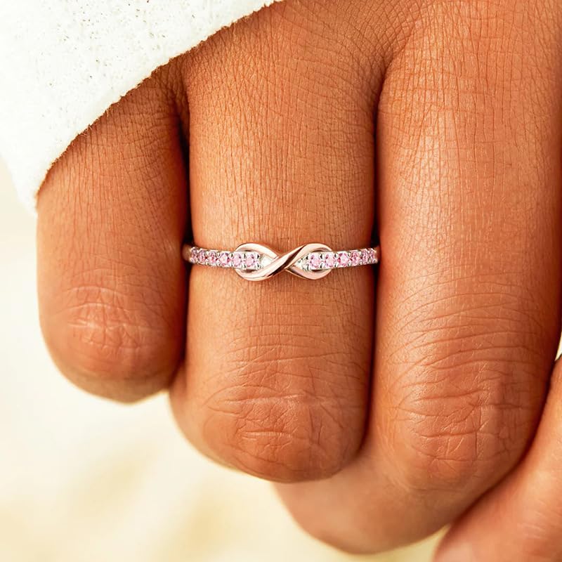 Gixaxak 925 Sterling Silver Infinite Pink Cubic Zirconia Stackable Ring Marquise Eternity Band for Women Stacking Ring Engagement Ring Cubic Zirconia Eternity Wedding Band 9