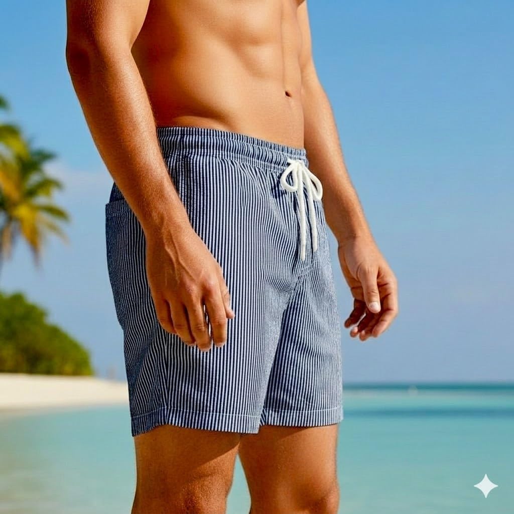 Short de Bain Homme Rayé Oslo | Maillot de Bain Style Marin Bleu et Blanc | Séchage Rapide, Doublure Filet et Poche Velcro. Taille M ou L