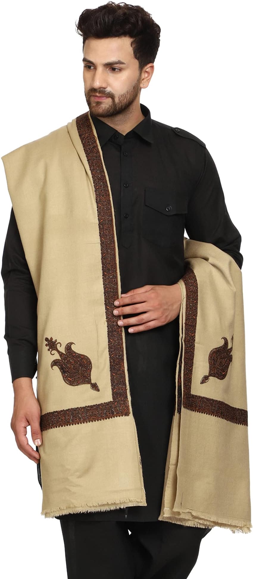 SWI WITH LABEL Men's Kashmiri Embroidered Wool Shawl
