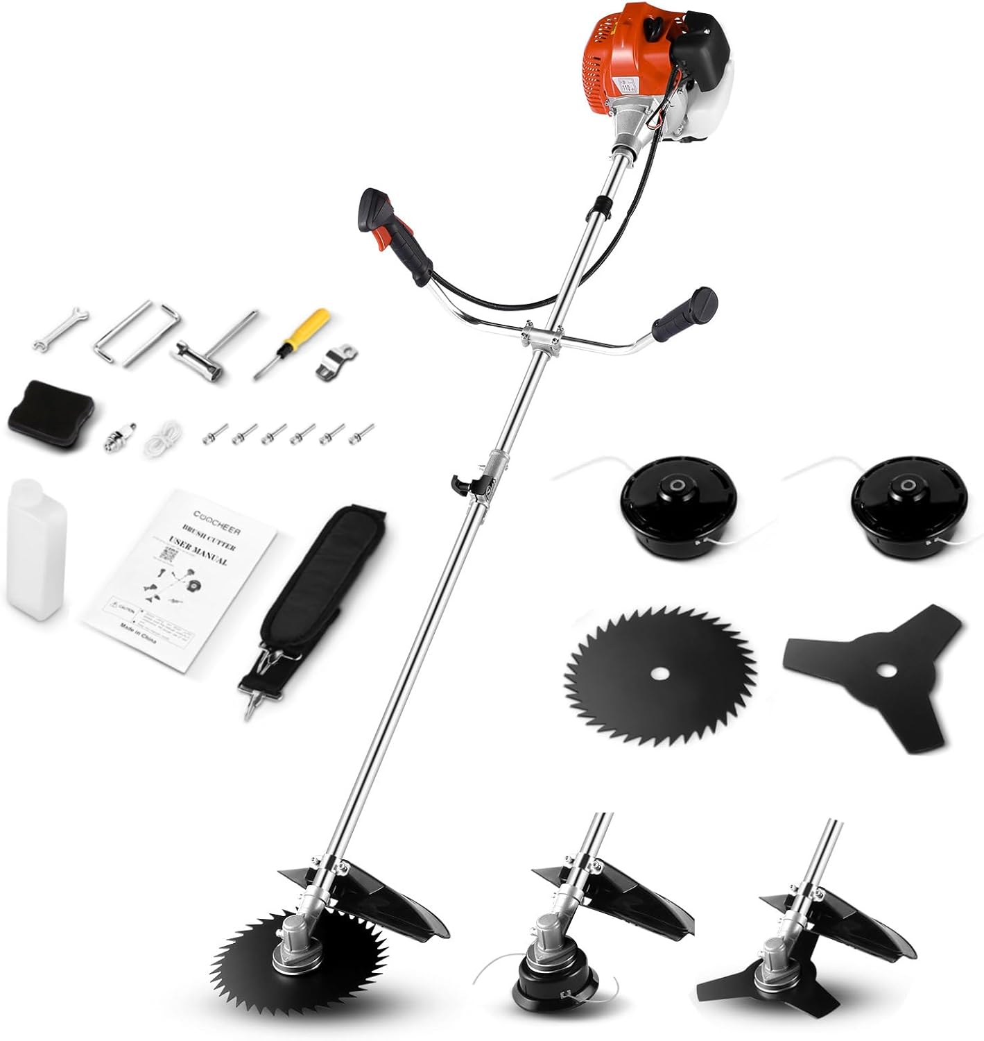 58cc Brush Cutter Gas Powered 2-Cycle 4 in 1 Gas Weed Eater 18.5″ Cutting Path Gas Weed Wacker with 4 Detachable Heads Straight Shaft String Trimmer Grass Cutter Machine for Weeds and Grass, Orange