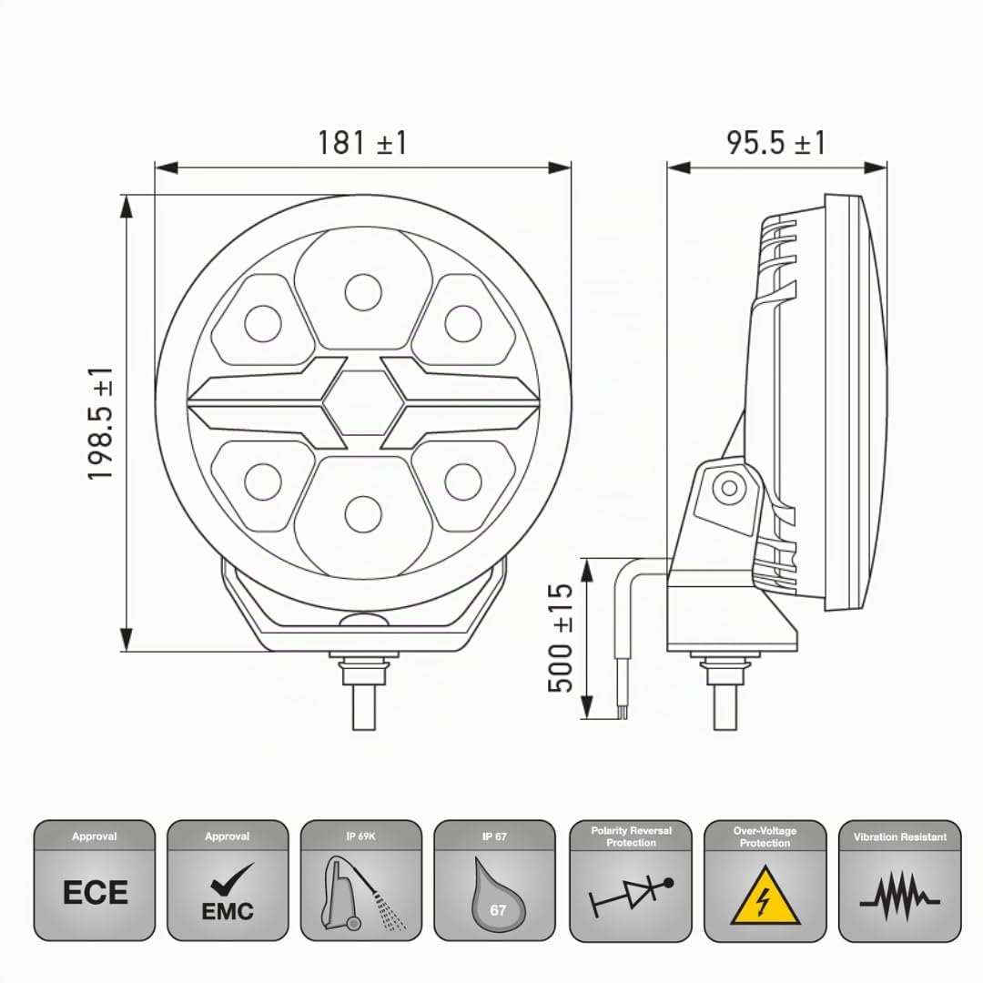 HELLA VALUEFIT 1FJ 357 198 – 071 – Blade Black 7" – 12/24V – rotondo – Numero di riferimento: 50 – Attacco – ECE-148/ECE-149 – Colore del vetro: trasparente – Cavo: 500 mm – lato frontale
