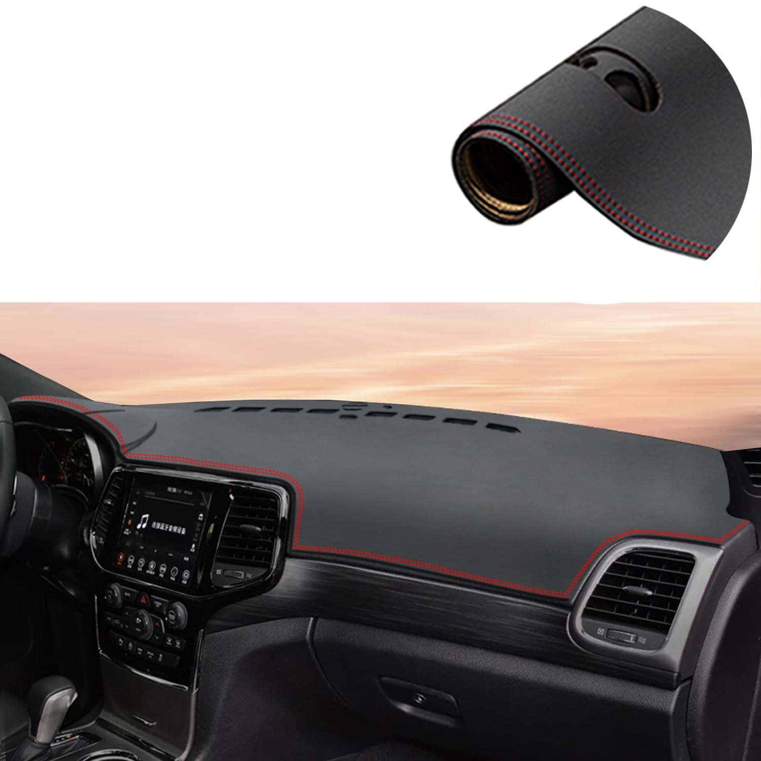 Rifoda Dash Cover Mat Fit for Jeep Grand Cherokee 2011-2021 Leather Material Nonslip Dashboard Protector Sunshade No Glare Cover pad Red Stitching (NOT for Jeep Cherokee & Grand Cherokee L)