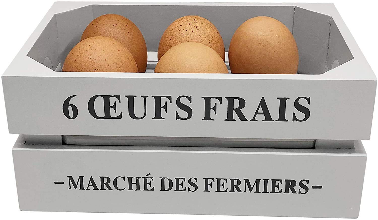 GreyZouq Wooden Egg Crate in Light Dove Grey. Vintage Style Egg Basket. Stores up to 16 eggs in style and adds some vintage charm to your kitchen. Plain on the reverse side for versatility.