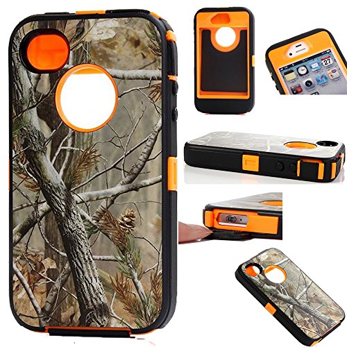 Kecko(TM) Heavy Duty Defender Tough Armor Shockproof Heavy Duty Tree Camo Impact Hybrid Case W/Built in Screen Protector for iPhone 4/4s-Camo Trees on The Core (Tree Orange)