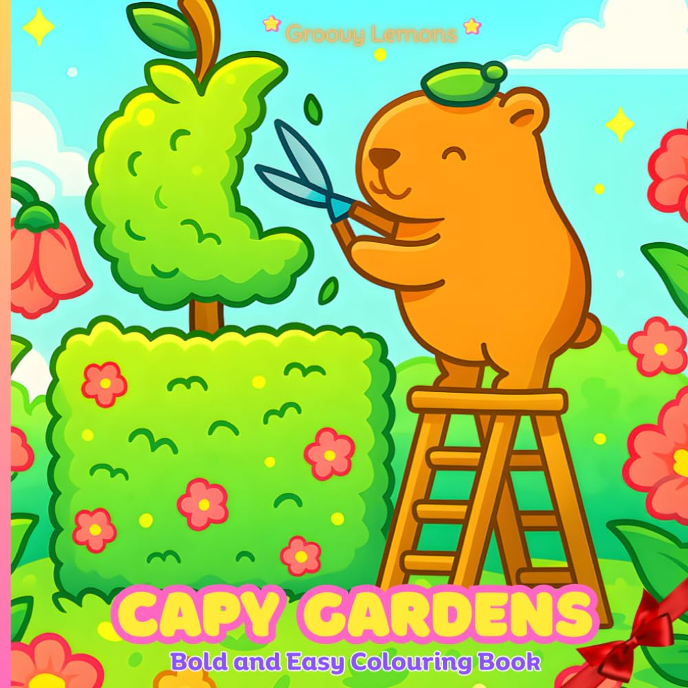 Capy Gardens: Bold And Easy Colouring Book For Adults And Teens Featuring Cute Capybara Animals Flowers Plants (Groovy Lemons)