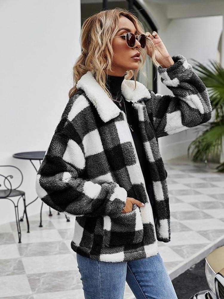 Comeon Women's Coat Casual Lapel Fleece Fuzzy Faux Shearling Zipper Coats Warm Winter Oversized Outwear Jackets - Image 4