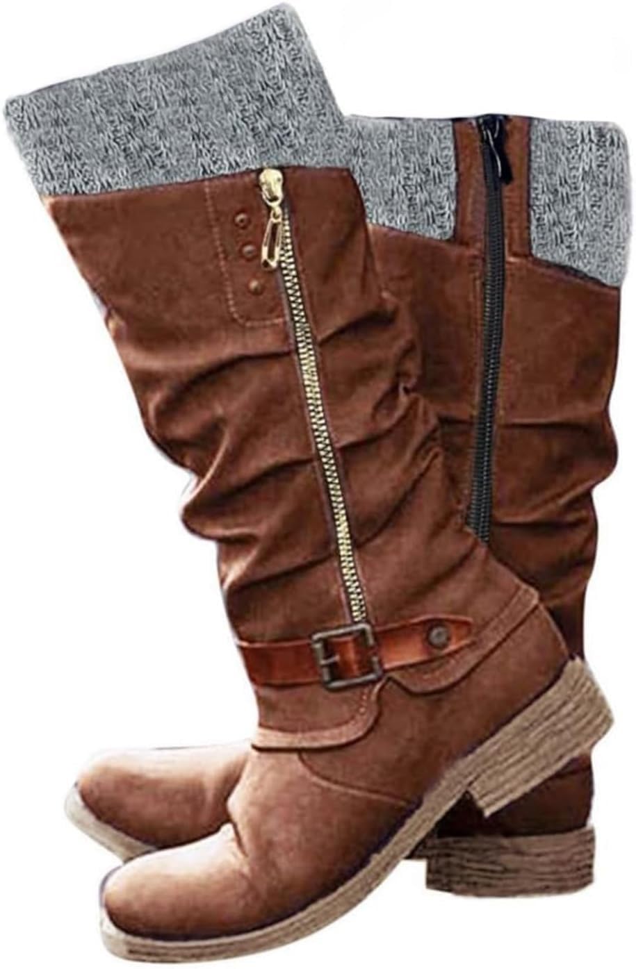 Winter Warm Knee High Boots for Women Wide Calf Snow Boot with Side Zipper Ruched Knitted Cuff Low