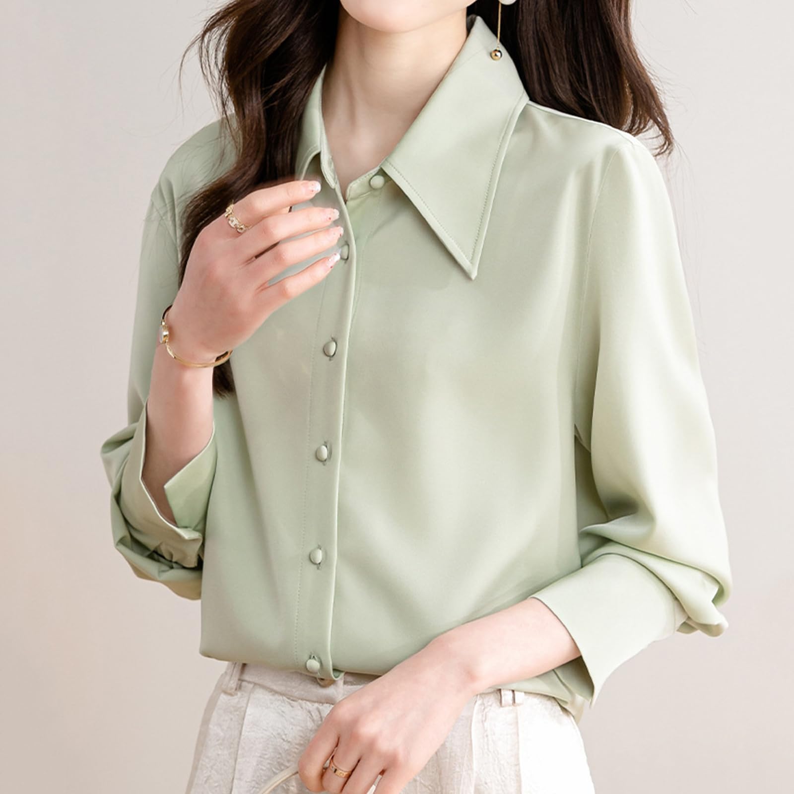 Camisas de satén para Mujer, Camisa de Seda Satinada de Manga Larga, Blusas de Seda Informales para Negocios para Mujer