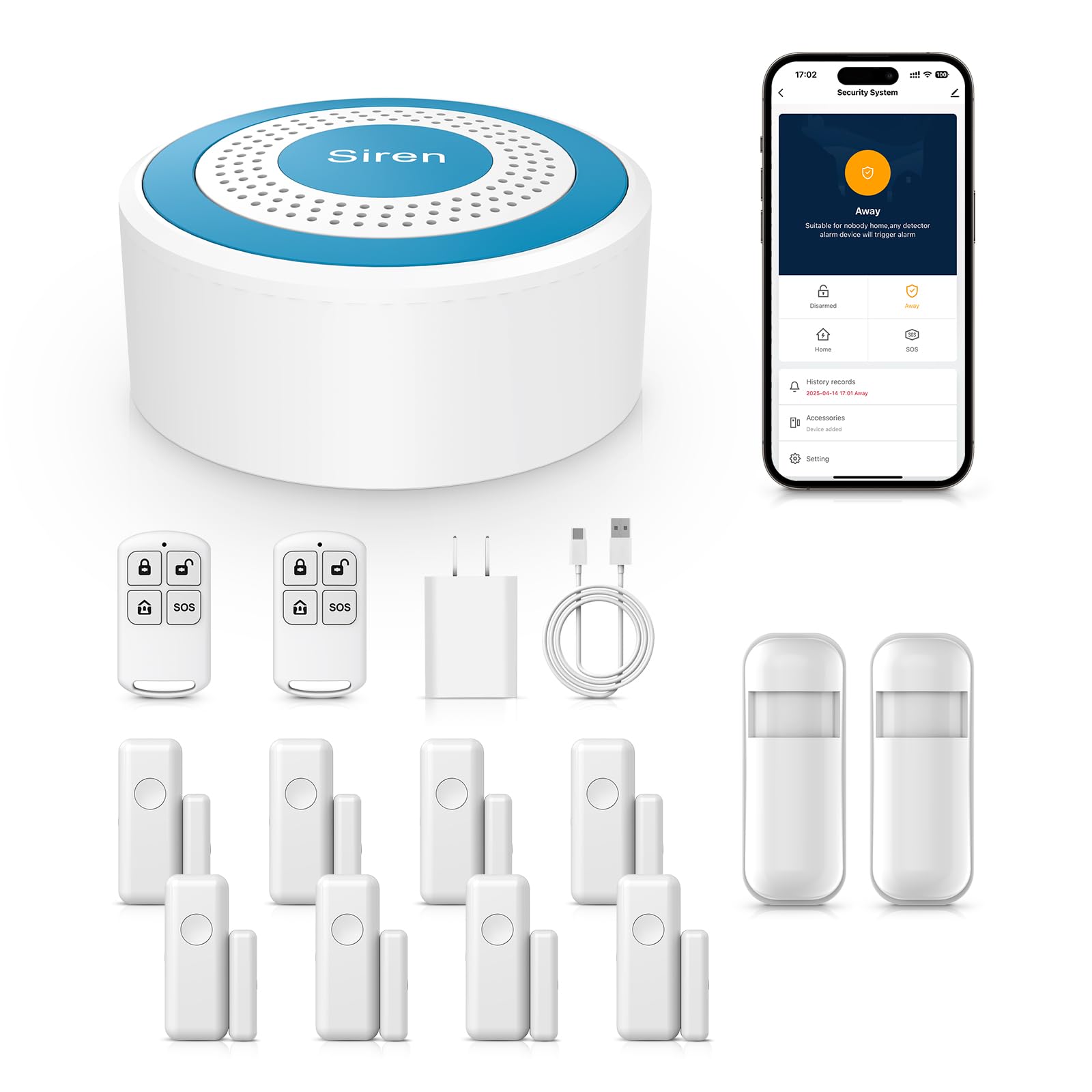Sistema de alarma inalámbrico para el hogar de 13 piezas, 8 sensores de puerta/ventana, 2 detectores de movimiento, 2 controles remotos, soporta alertas de aplicaciones móviles, sin tarifas