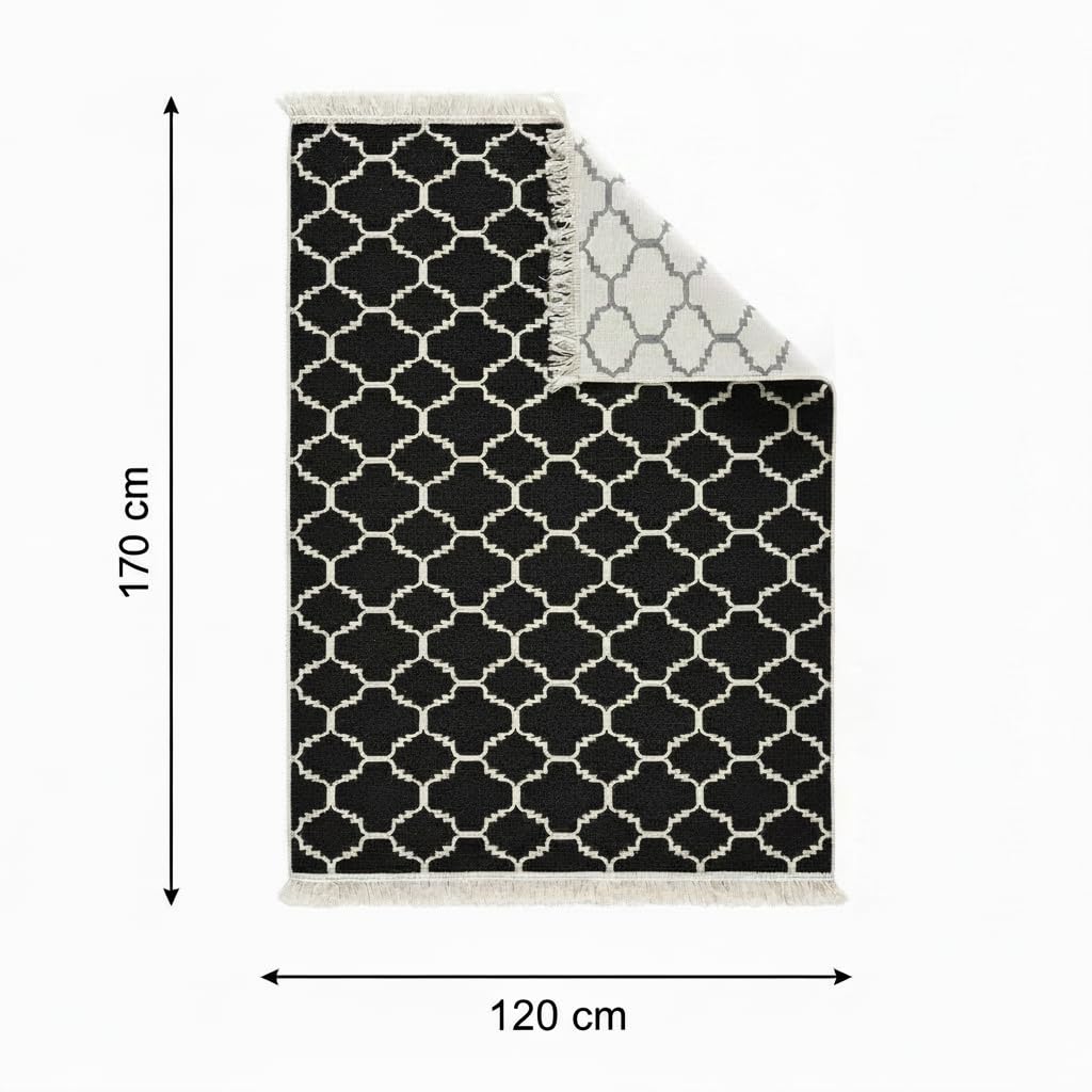 Jimri Tapis de Couloir - Tapis pour Salon, Chambre, Cuisine, Chambre d'enfant, Salle de Bain - Boho Kelim - Noir/Beige, 120 x 170 cm