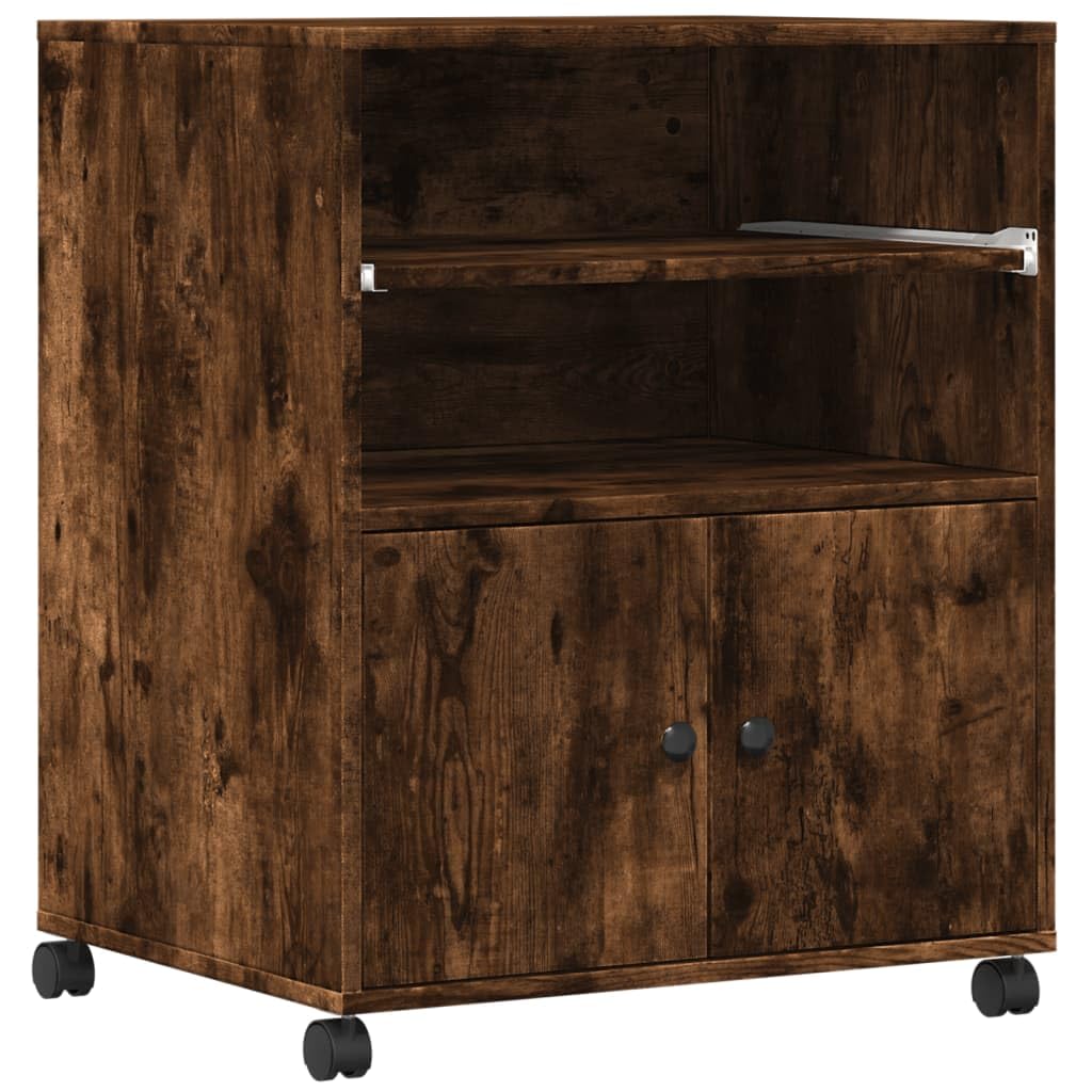 Druckerständer mit Rollen Räuchereiche 60x48x74 cm, Druckerwagen auf Rollen mit 2 arretierbaren multifunktionaler Druckertisch als Bücherregal, Aktenregal oder Beistelltisch,