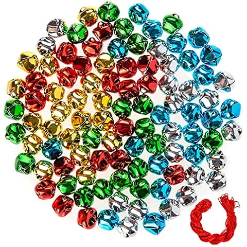 100PCS Jingle Bells,15mm Small Bell Bulk with 25 Meters Red Cords for Christmas, Party & Festival Decorations and Jewelry Making Cover