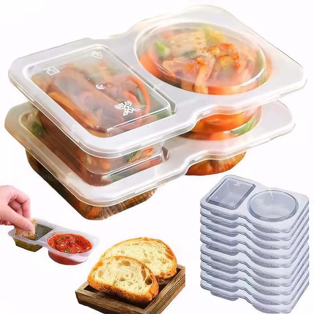 20Stk Double Compartment Snack Containers with Lids, Salatdressing Behälter, Gewürzbehälter mit 2 Fächern, Snacks Auslaufsichere Gewürzbehälter für Mittagessen Picknicks und Reisen