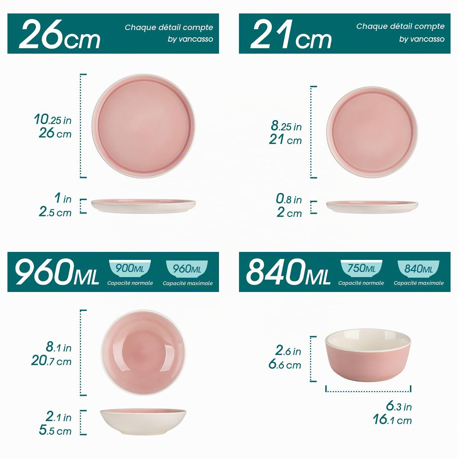 vancasso ELBA Assiettes Service de Table 6 Personnes, 24 Pièce Service Vaisselle Complet en Grès - 6 Assiettes Plates, 6 Assiettes à Dessert, 6 Assiettes Creuses et 6 Bols, Compatible Micro-Ondes,Rose