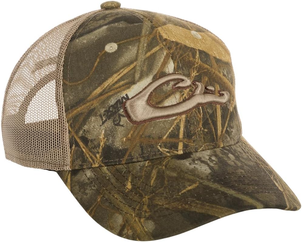 Drake Waterfowl 6-Panel Camo Mesh-Back Cap - Low-Profile 6-Panel Cotton Logo Cap with Adjustable Closure, One Size Fits Most