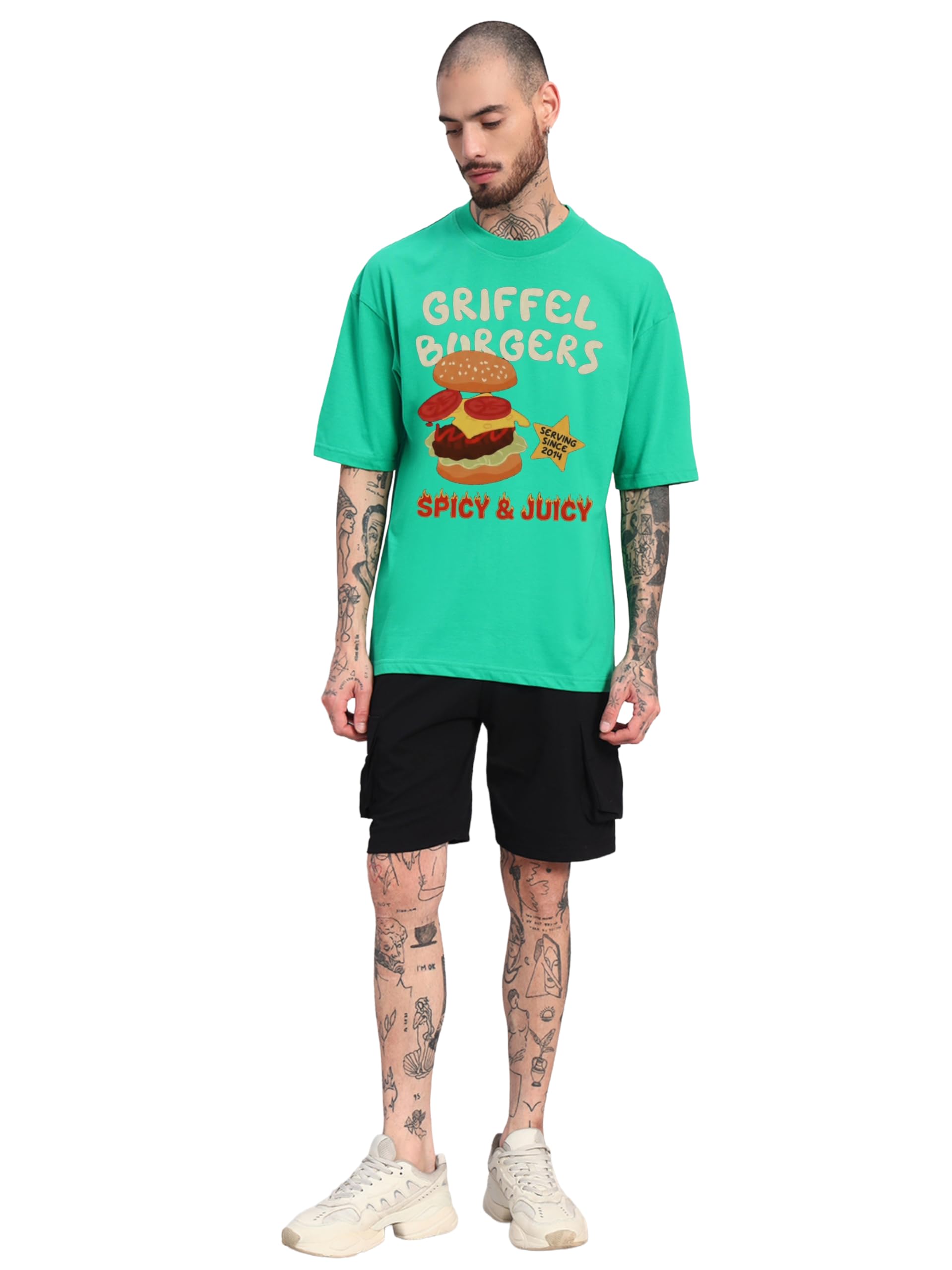 Spicy Burger Oversized Cotton Co-Ord Set for Men | Graphic Relaxed Fit T-Shirt & Cargo Shorts | Urban Summer Capsule-image-15
