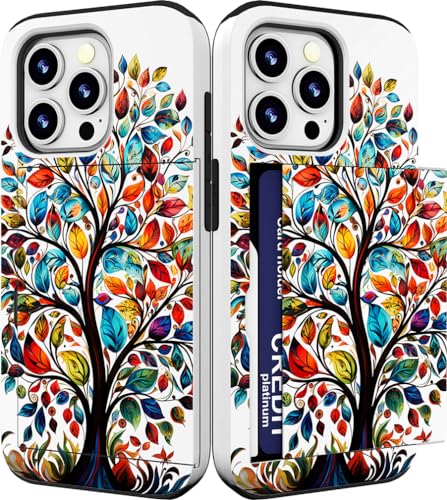 Coque iPhone 14 Pro avec porte-carte antichoc et design feuilles d'automne
