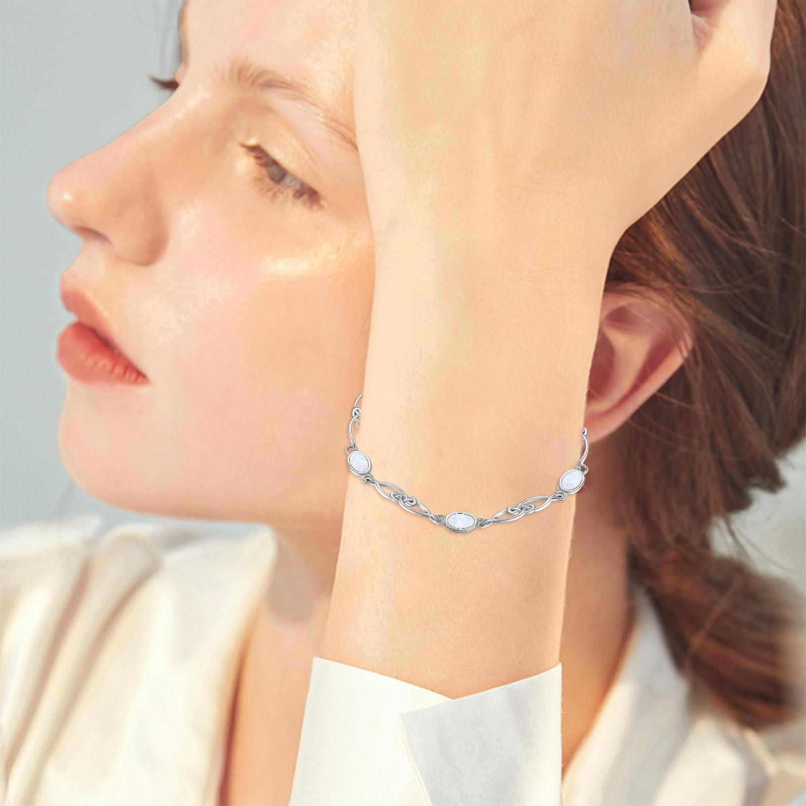 YAFEINI Pulsera de ópalo blanco de plata de ley 925 con ópalo infinito, joyería para mujer