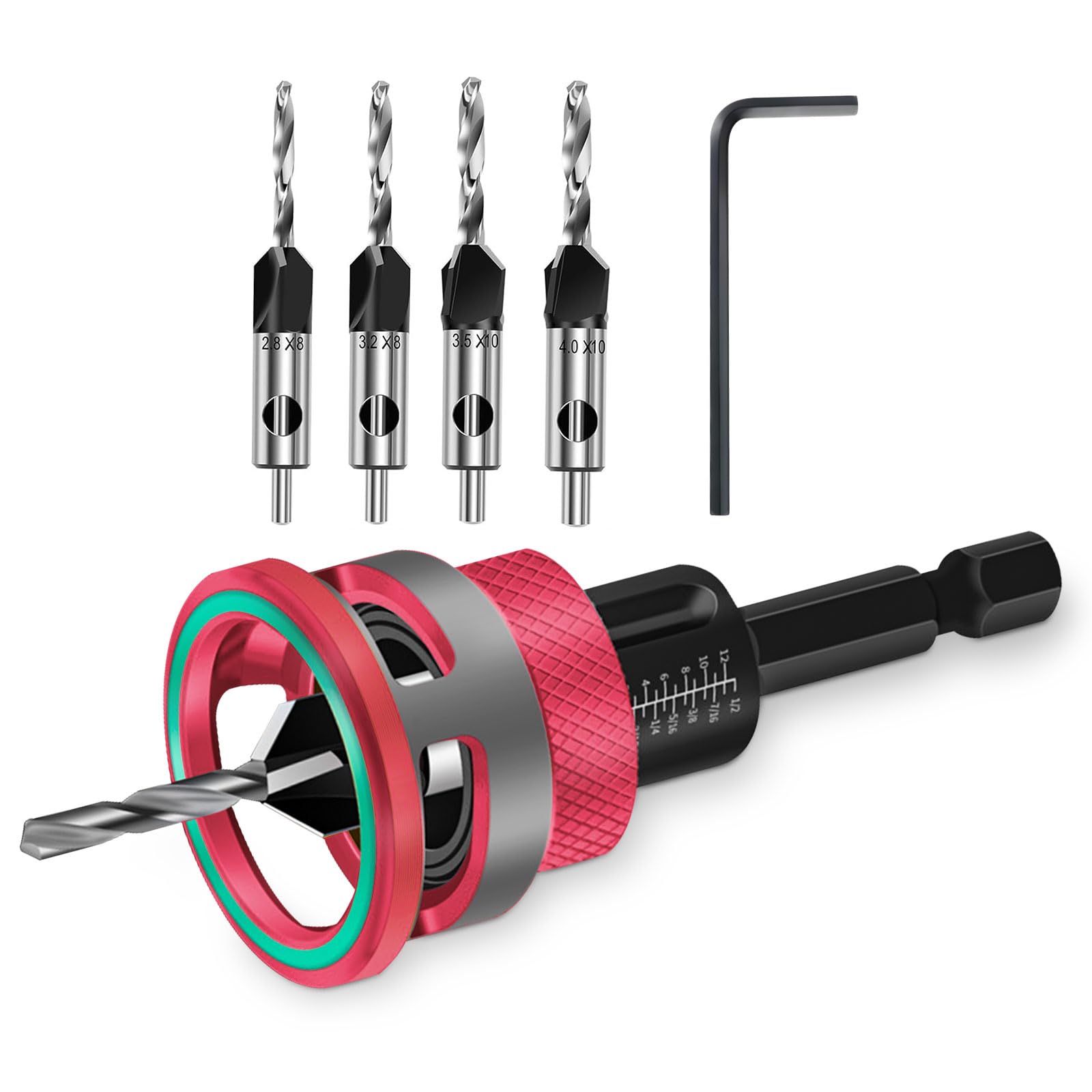 Juego de 4 brocas avellanadas con tope de profundidad ajustable y llave en forma de L, perfecto para proyectos de madera, plástico y carpintería (rojo)