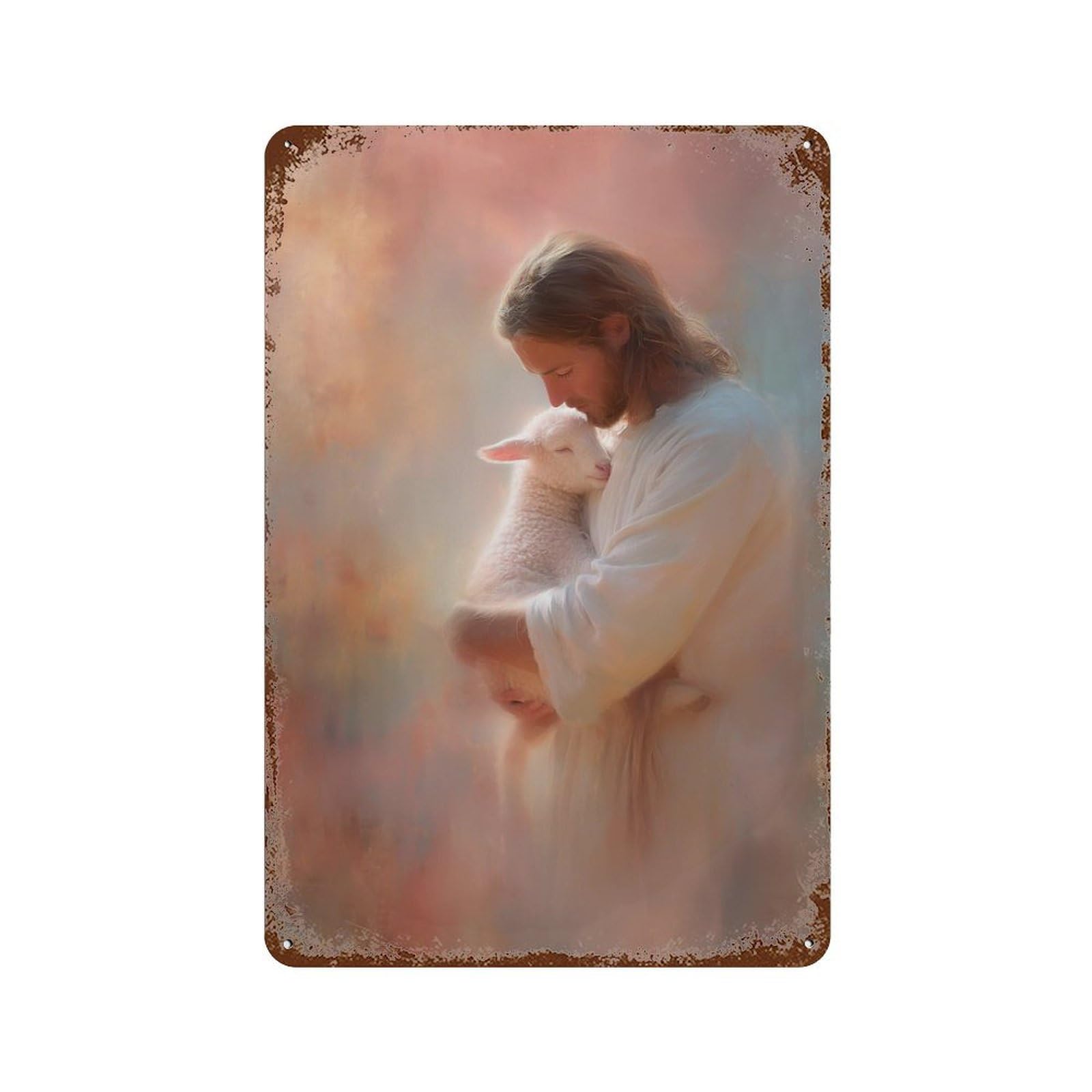 Jesus Holding Lamb Painting Retro Metal Sign 11.8"x7.9", Old School Wall Decor for Garage, Pub Or Kitchen
