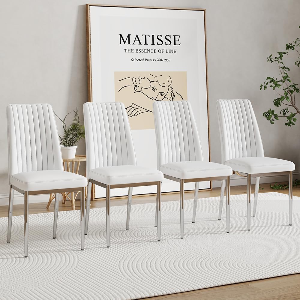 White Leather Chair, Modern Dining Chair Set of 4 with PU Leather and Chrome Leg, Sillas de Comedor with High Back for Dining Room, Kitchen, Living Room (WH-4)