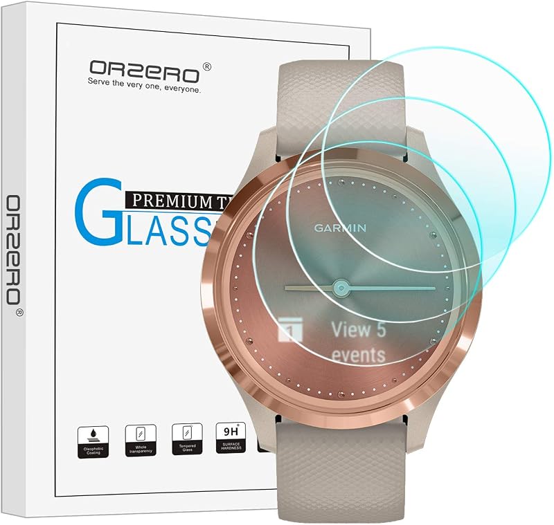 Orzero (3 Pack Smartwatch Screen Protector Compatible for Garmin Vivomove 3S (Not for Garmin Venue 3S) Tempered Glass 2.5D Arc Edges 9 Hardness HD Anti-Scratch Bubble-Free