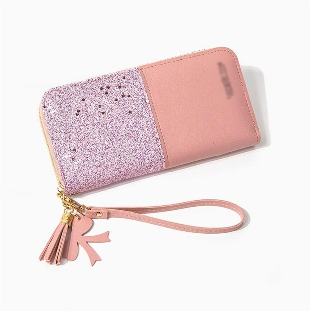 HBJWOV Wallet Long Section Women Zipper Female Stitching Contrast Color Tassel Wild Card Bag Mobile Phone(D)