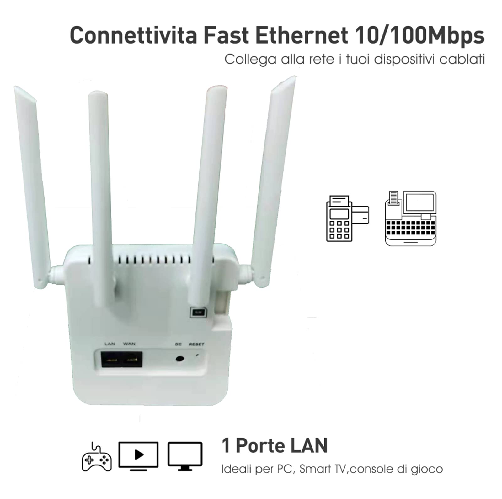 Router 4G LTE WiFi Calonny - Modem Senza Configurazione, Con SIM, Fino A 300 Mbps, Porta LAN/WAN, Per Casa, Negozio, Camper.